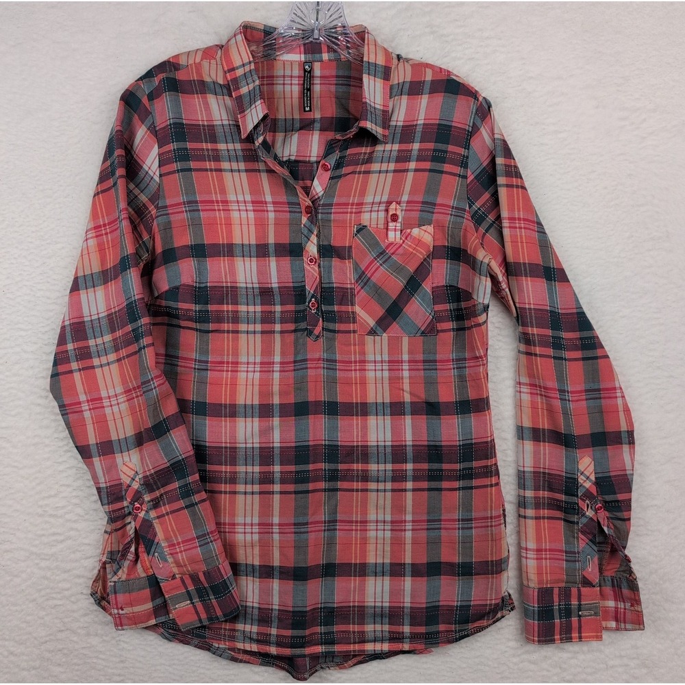 Kuhl Spektra Women's Shirt Pink Plaid Tencel Roll Tab 1/4 Button Up Size Medium